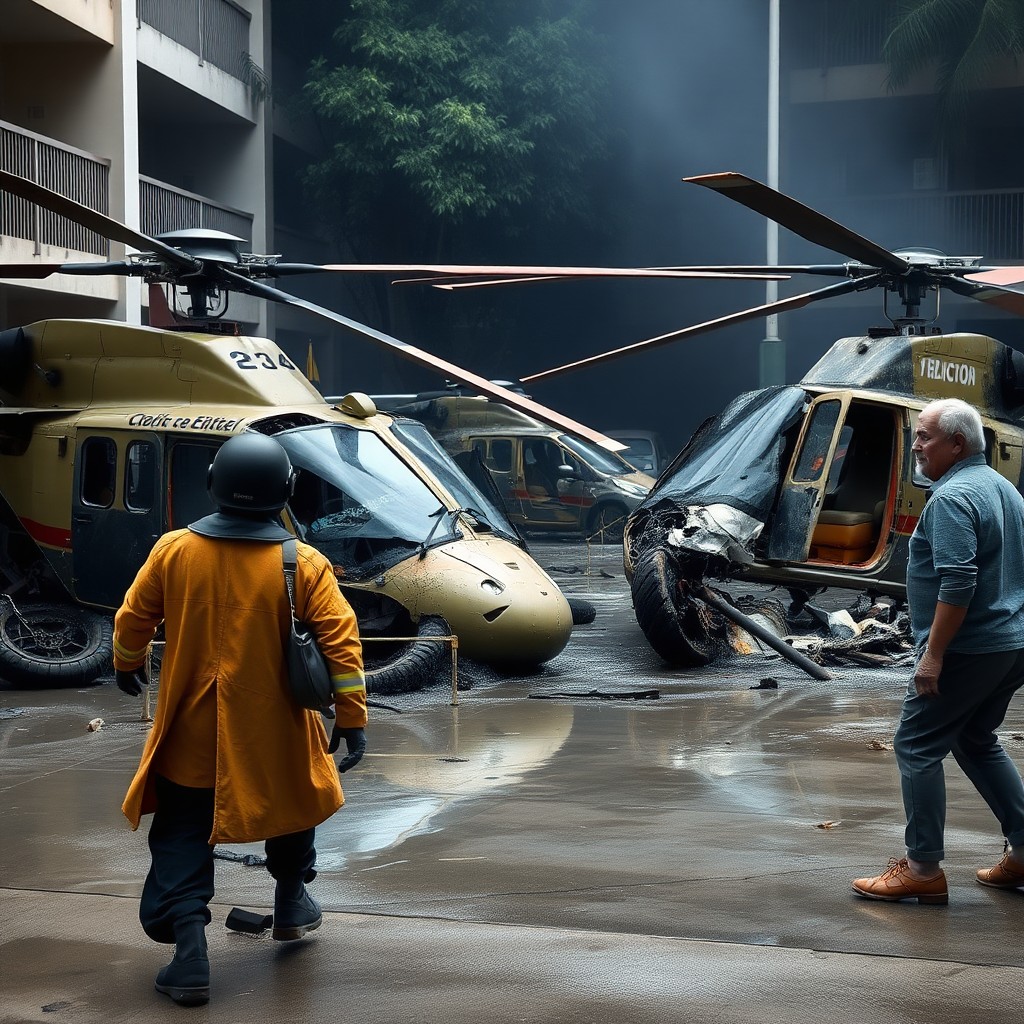 Dois helicópteros colidem no ar e caem em pátio no Recreio dos Bandeirantes, Rio