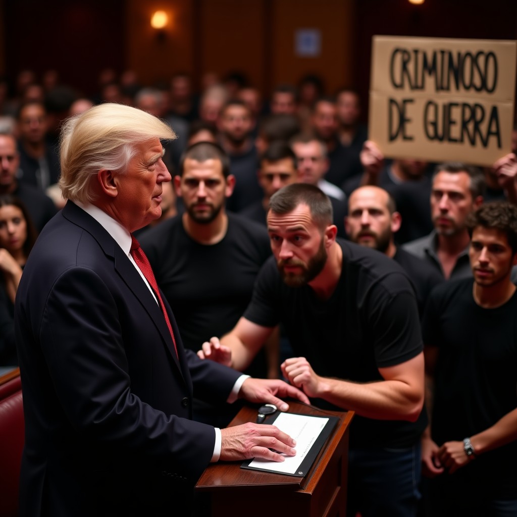 Manifestante com faixa "Trump é criminoso de guerra" é retirado à força de comício em Nova York